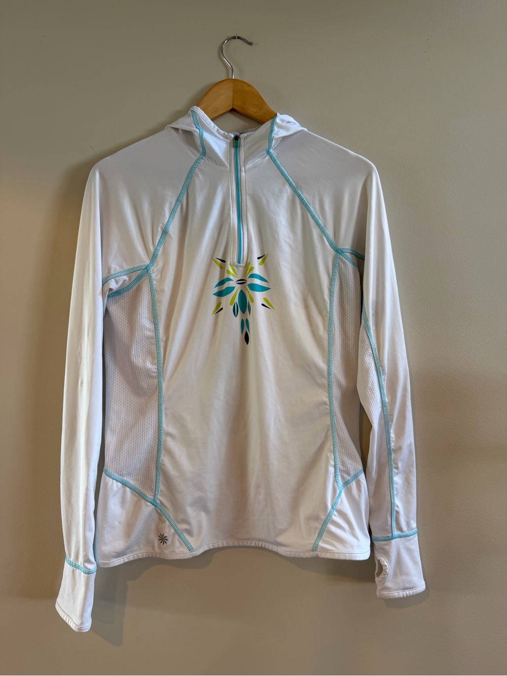 Athleta White Sun Shirt with Aqua and Lime Pattern hoodie yoga Size medium